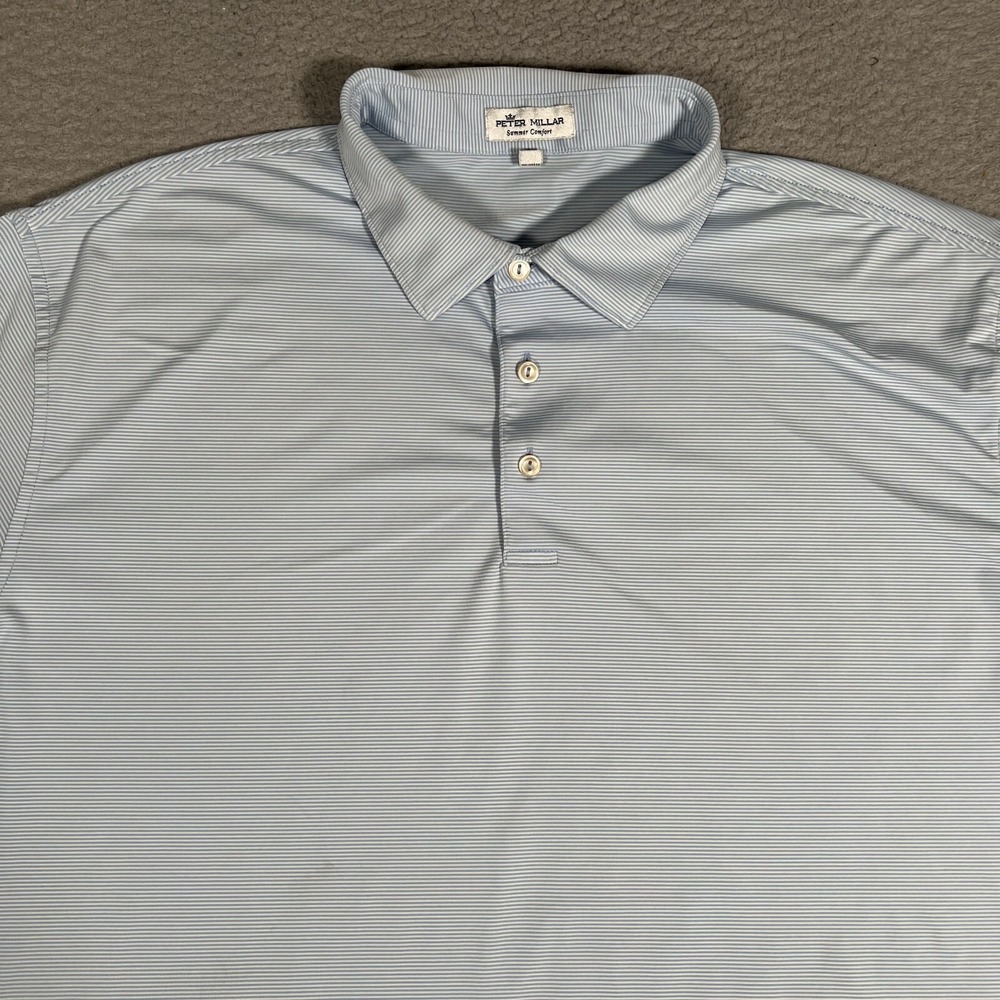 Peter Millar Shirt Mens XXL Blue Striped Summer Comfort‎ Golf Polo Logo Casual